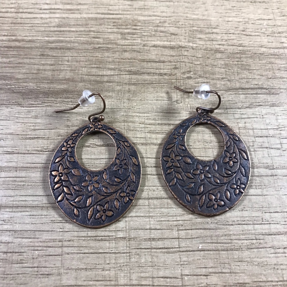 Bohemian Floral Patterned Brown Bronze Earrings